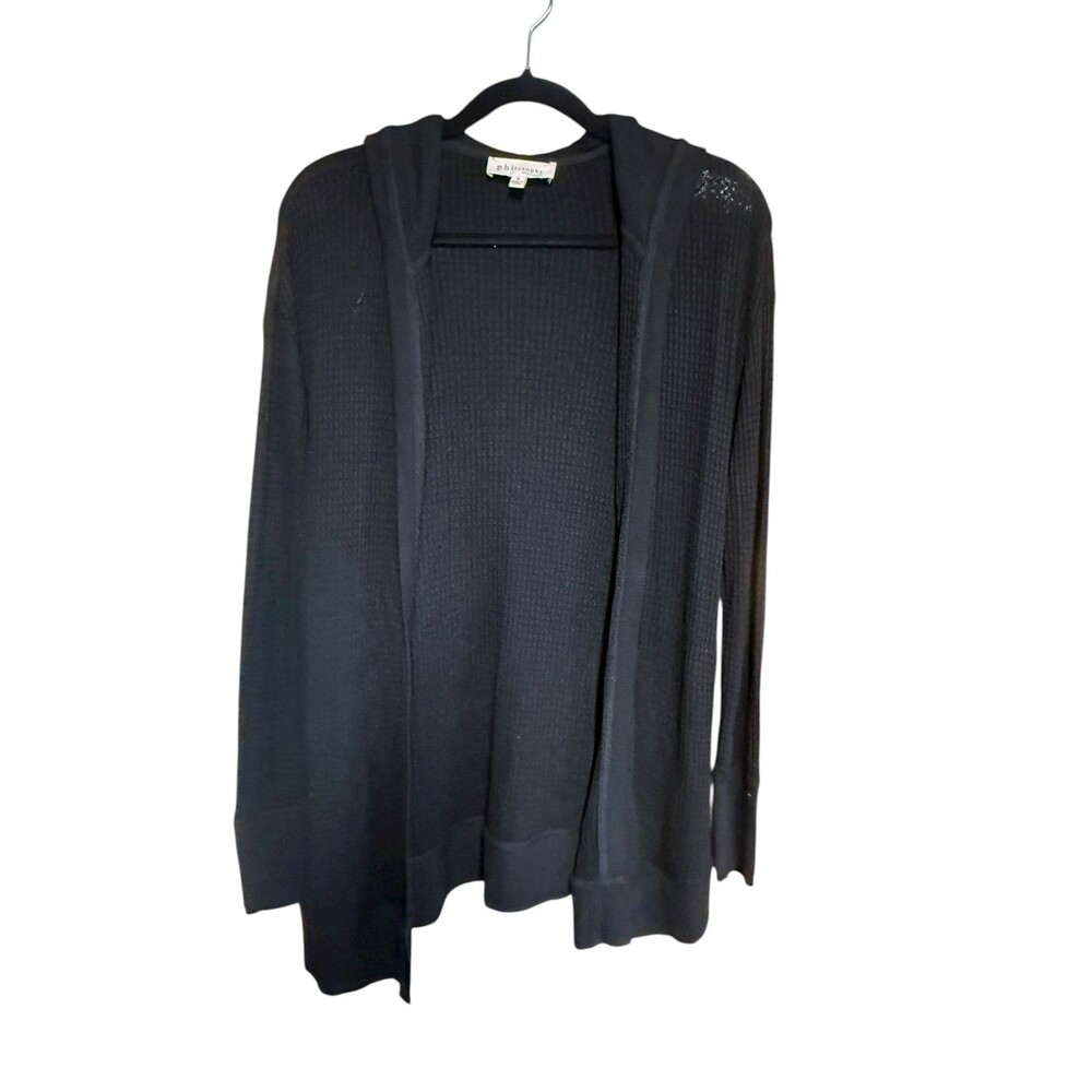 Philosophy Black Waffle Knit Hooded Open Front Cardigan Soft Goth Academia SZ S